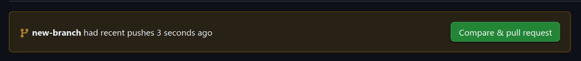 A screenshot of github message box saying that 'new-branch' had recent pushes, with a button saying 'Compare & pull request' on the right side